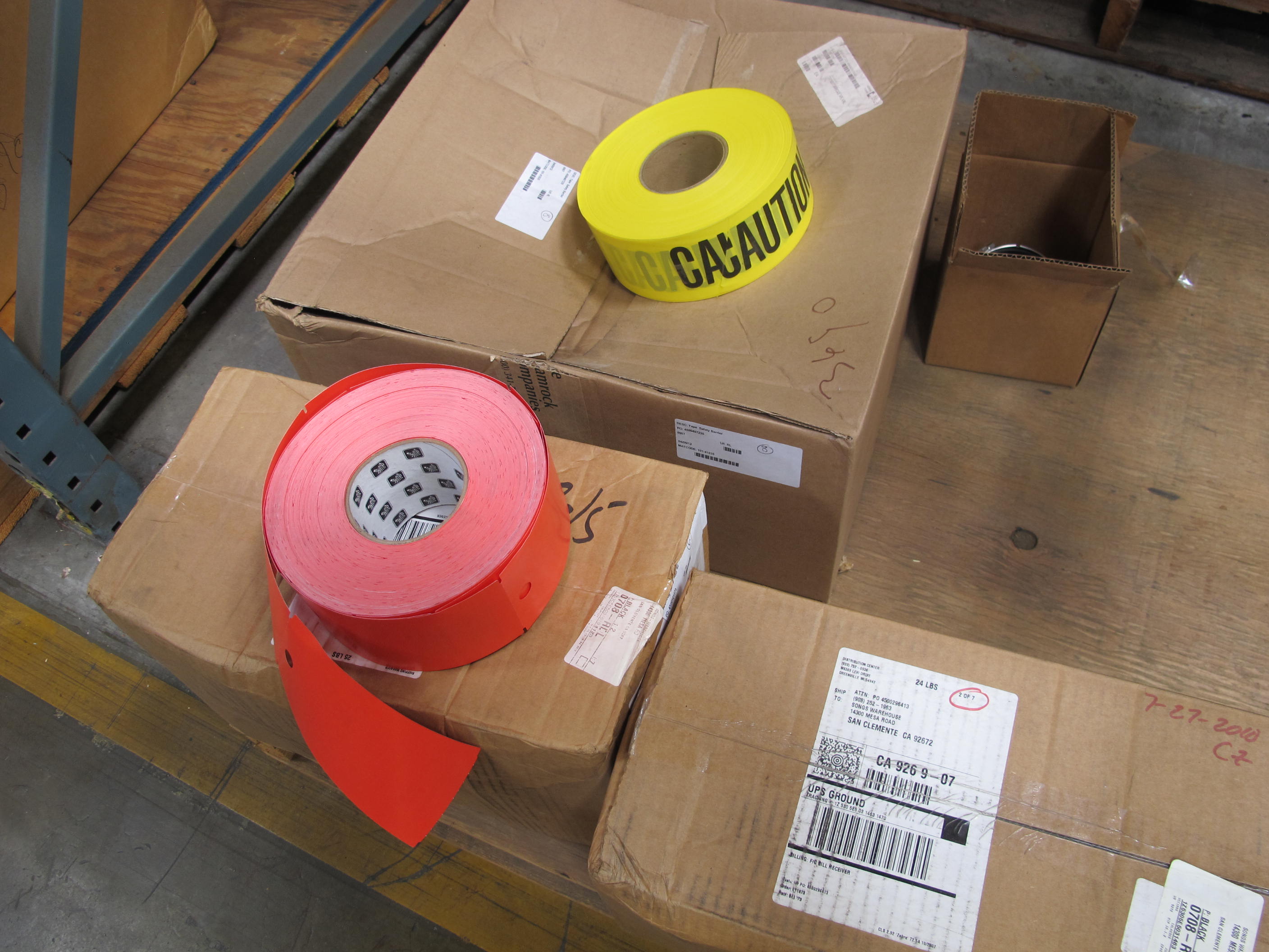 (2 PALLETS) BARRIER TAPE, (8 ROLLS) "CAUTION", (7 BOXES) "DO NOT ENTER" , (1 BOX) "AUTHORIZED PERSONNEL ONLY". LOADING & HANDLING FEE $15-4222
